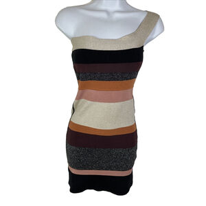 MISSONI Multicolor Stripe One Shoulder Lurex Knit Mini Bodycon Dress Italy Sz 38